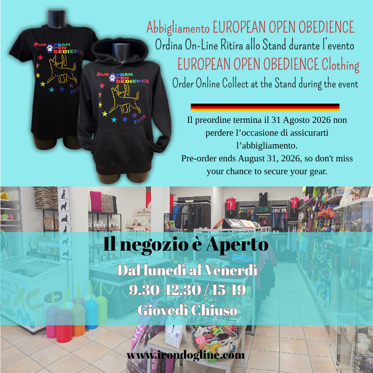 Abbigliamento Ufficiale European Open Obedience 2026 - Orario Negozio