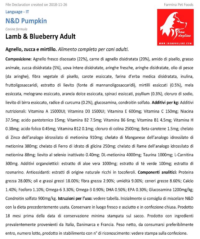 N&D PUMPKIN AGNELLO E MIRTILLO ADULTO